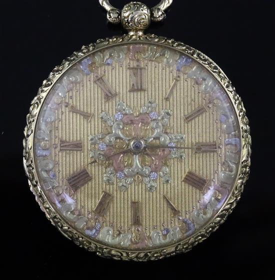 Thomas & Jonathan Ollivant, Manchester, an 18ct three-colour gold open-face pocket watch, No. 7255, detached lever, foliate Roman dial,